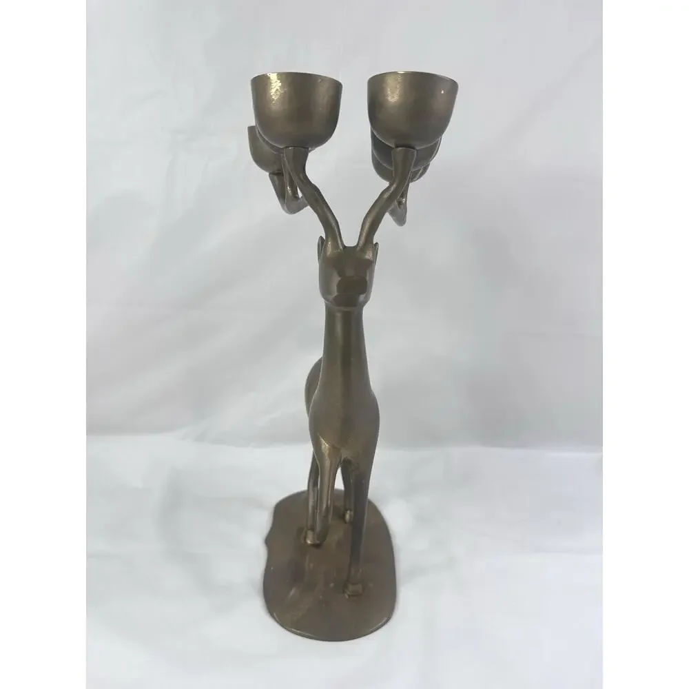 Brass Reindeer Candelabra Candle Christmas Holiday Decor Nostalgia Heavy